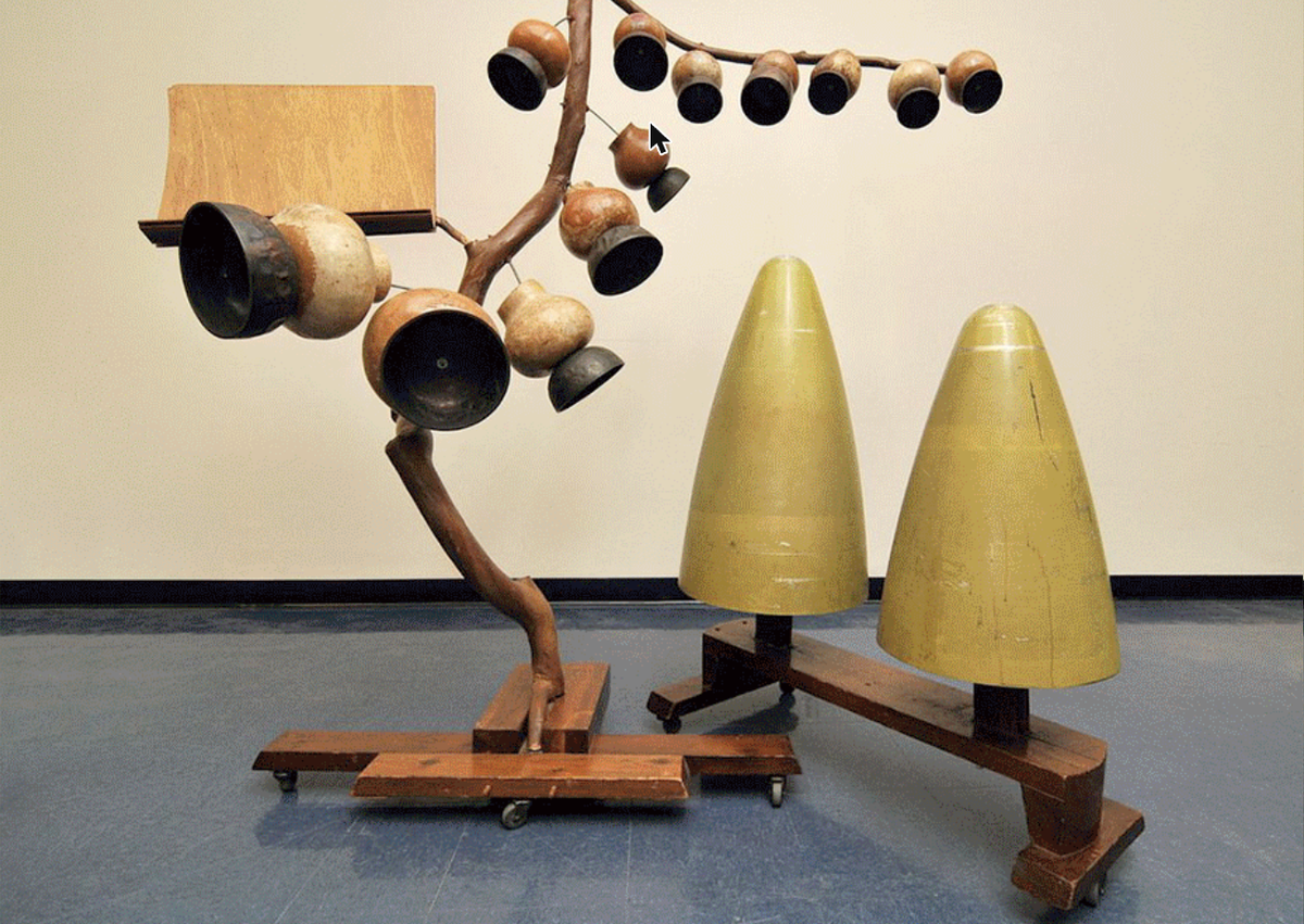 "Gourd Tree" and "Cone Gongs" instruments by Harry Partch