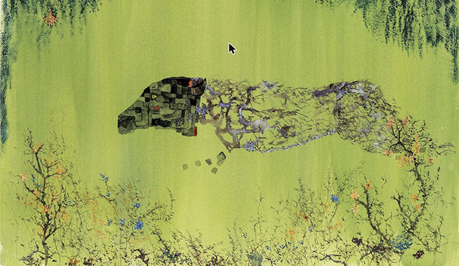 Purple panther, with brick head, exploding with speed by John Lurie